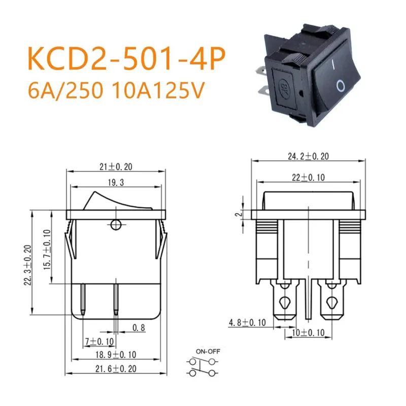 KCD2-501-4 ON-OFF Rocker Switch DPST 4 Pin 250V 10A - Black KCD2-501-4 ON-OFF Rocker Switch DPST 4 Pin 250V 10A - Black
