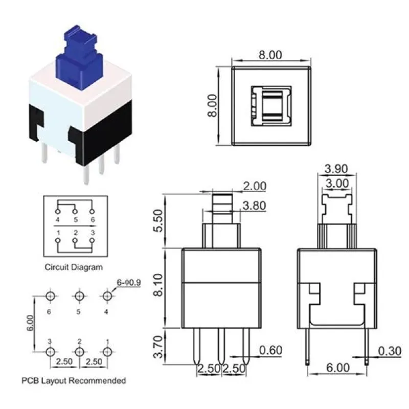 8x8 mm Tact Switch Momentary DPDT 6 Pin 8x8 mm Tact Switch Momentary DPDT 6 Pin