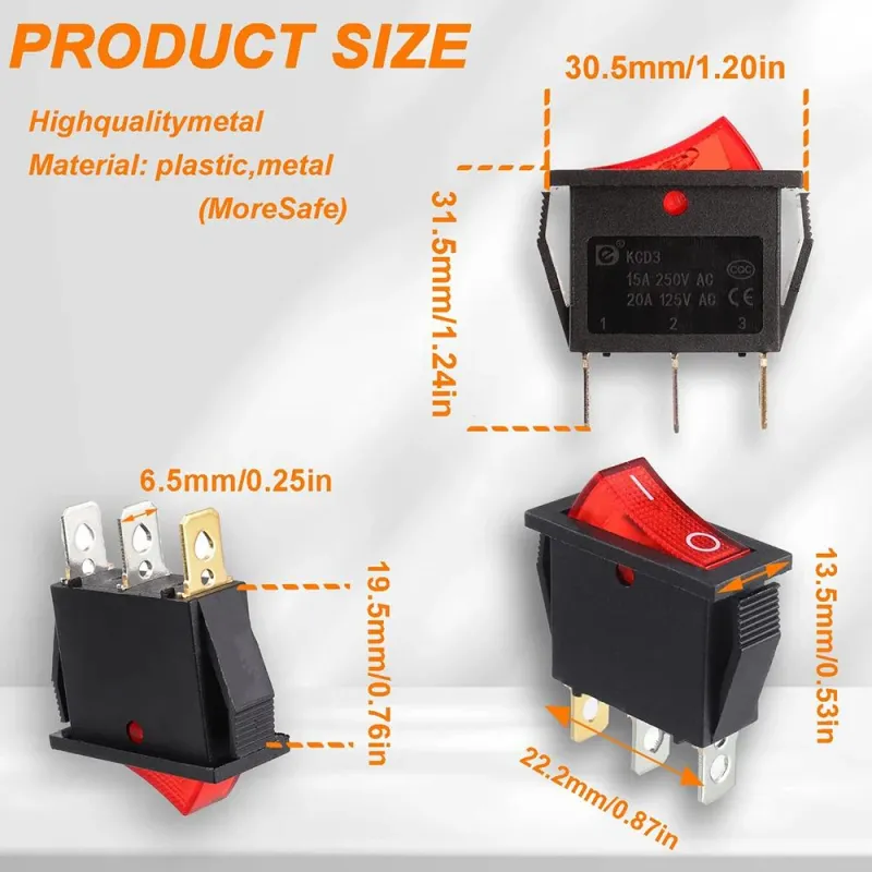 KCD3 Comutator Basculant ON-OFF SPST cu 3 Pini și 1 Cale 250V 15A - Roșu KCD3 Comutator Basculant ON-OFF SPST cu 3 Pini și 1 Cale 250V 15A - Roșu