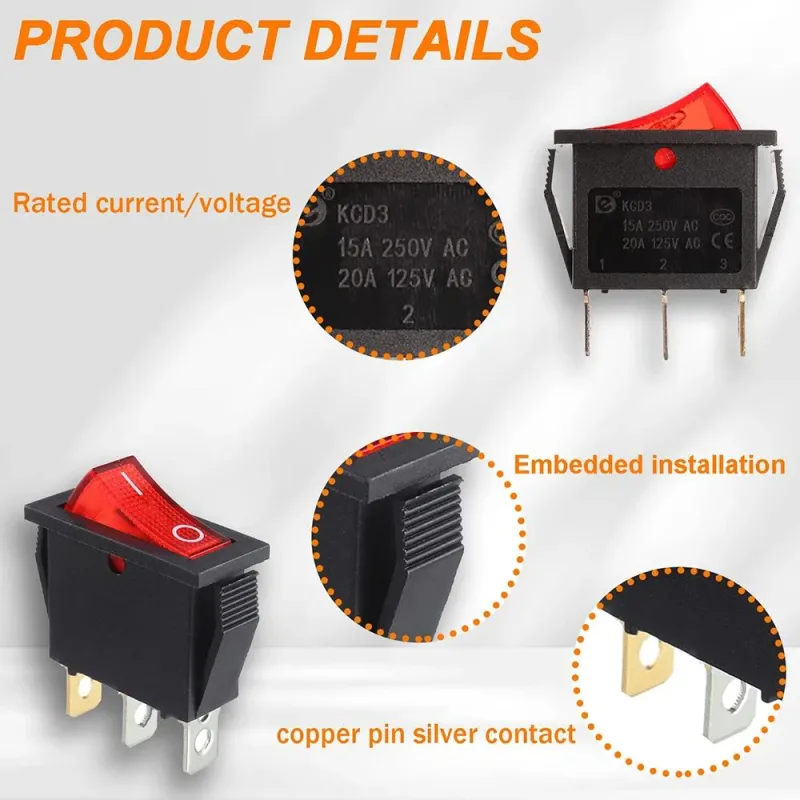 KCD3 Comutator Basculant ON-OFF SPST cu 3 Pini și 1 Cale 250V 15A - Roșu KCD3 Comutator Basculant ON-OFF SPST cu 3 Pini și 1 Cale 250V 15A - Roșu