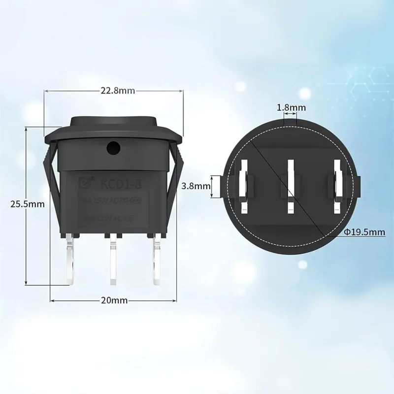 KCD1-8 Round Rocker Switch 250V 6A ON-OFF-ON SPDT 3-Ways - Black KCD1-8 Round Rocker Switch 250V 6A ON-OFF-ON SPDT 3-Ways - Black