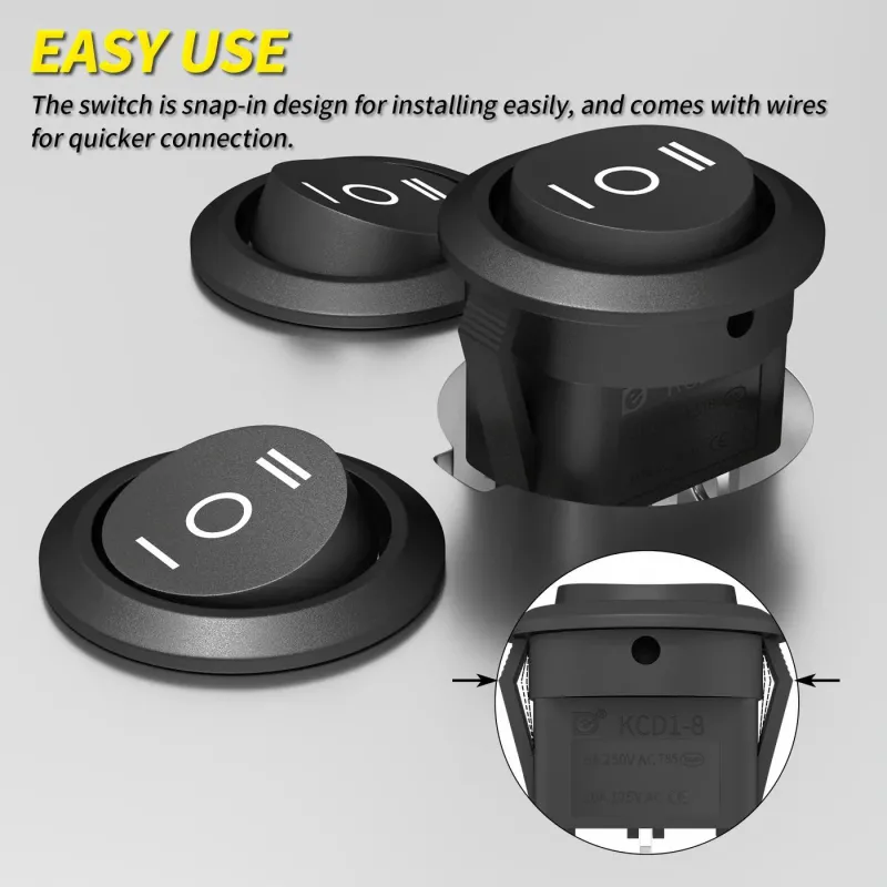 KCD1-8 Round Rocker Switch 250V 6A ON-OFF-ON SPDT 3-Ways - Black KCD1-8 Round Rocker Switch 250V 6A ON-OFF-ON SPDT 3-Ways - Black