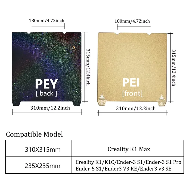 310 x 315 mm PEY to PEI Placă de Construcție cu Față Dublă Pentru Creality K1 Max și Alte Imprimante 3D 310 x 315 mm PEY to PEI Placă de Construcție cu Față Dublă Pentru Creality K1 Max și Alte Imprimante 3D