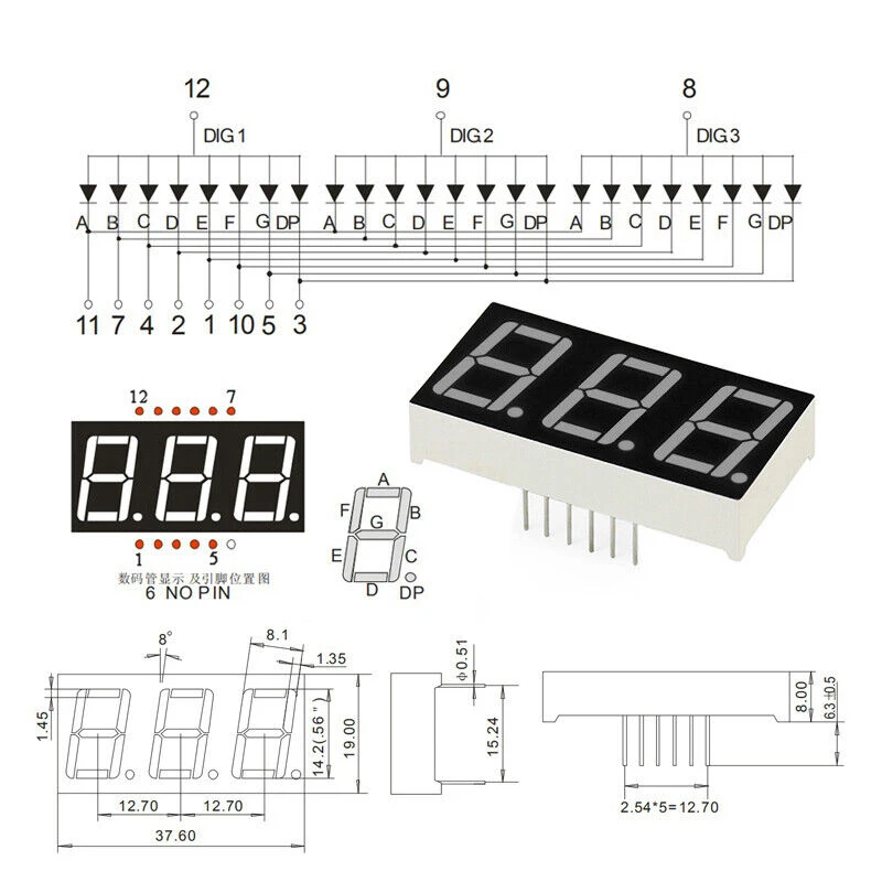 14mm 7-Segment 3 Digit Display Common Anode 5631BS - RED 14mm 7-Segment 3 Digit Display Common Anode 5631BS - RED