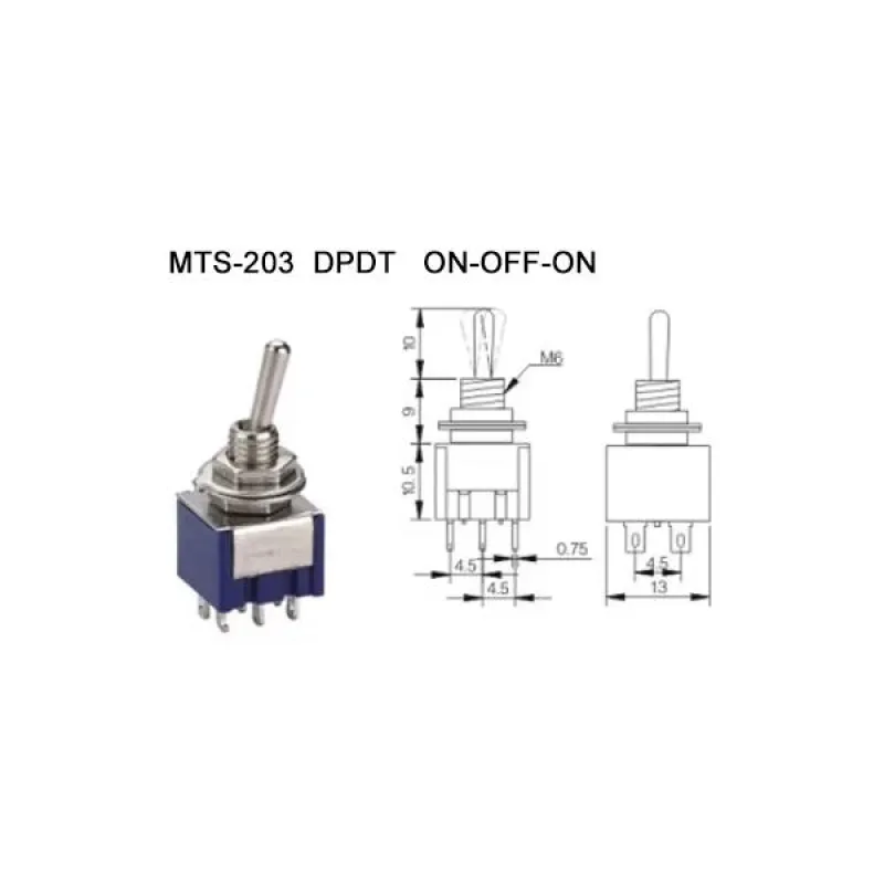MTS-203 Toggle Switch 250V 3A 6 Pin DPDT ON-OFF-ON MTS-203 Toggle Switch 250V 3A 6 Pin DPDT ON-OFF-ON