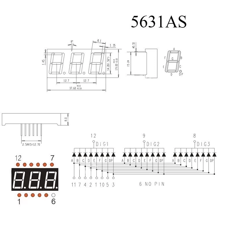 Afișaj 14mm cu 7 Segmente și 3 cifre, Catod Comun 5631AS - RED Afișaj 14mm cu 7 Segmente și 3 cifre, Catod Comun 5631AS - RED